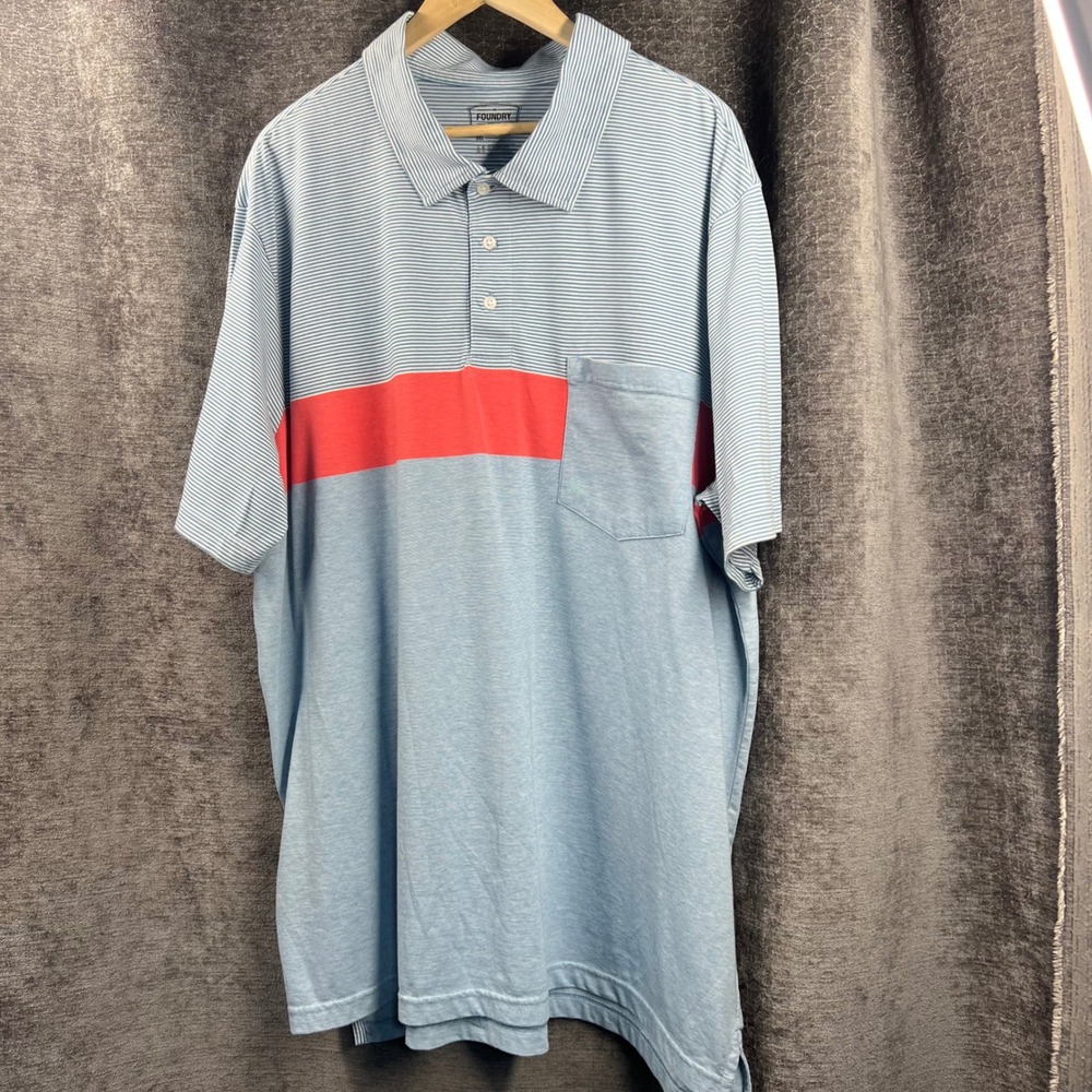 The Foundry Supply‎ Co Mens 3XL Golf Polo Shirt Blue Stripe Coral Accent Pocket